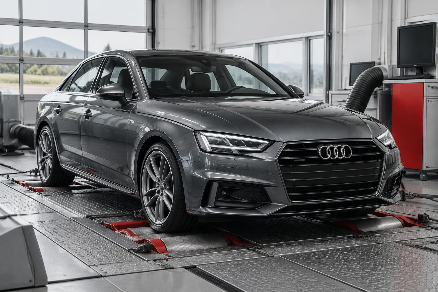 Audi na hamowni w nowoczesnym warsztacie